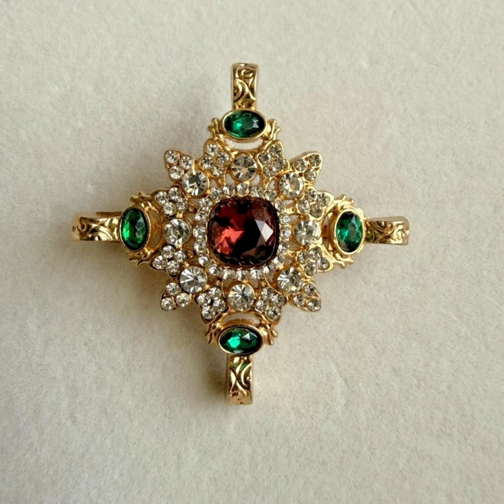 Red Green Rhinestone Maltese Cross Style Brooch Gold Tone Statement Pin